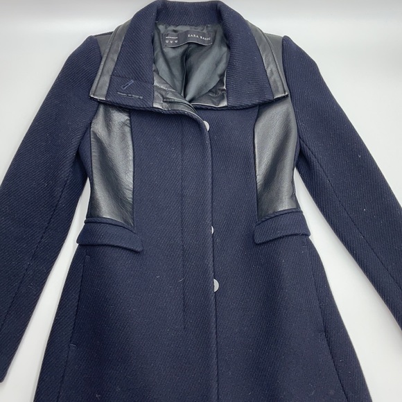 ZARA Navy Wool Black Faux Leather Trim Coat XS - Picture 6 of 12